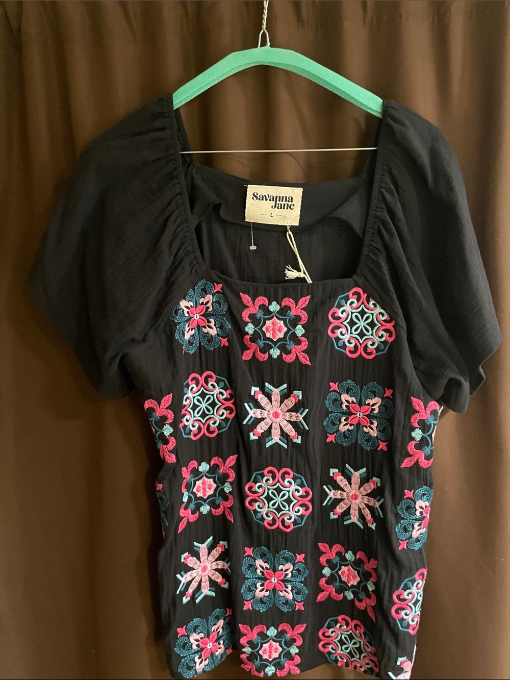 Savanna Jane Black Short-Sleeve Top with Pink & Teal Embroidery